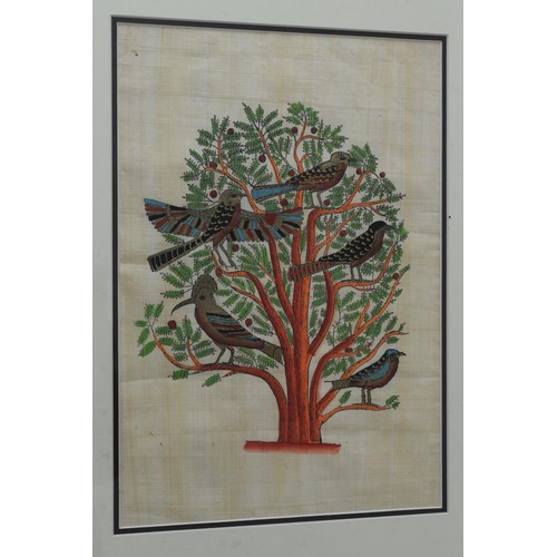 208 - Hand Painted Papyrus of Birds in Tree in Framed and Glazed Mount