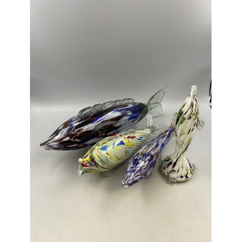 20 - Four Decorative Blown Glass Fish Themed Ornaments. Largest Approx. 20 Inches.