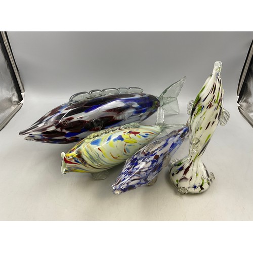 20 - Four Decorative Blown Glass Fish Themed Ornaments. Largest Approx. 20 Inches.