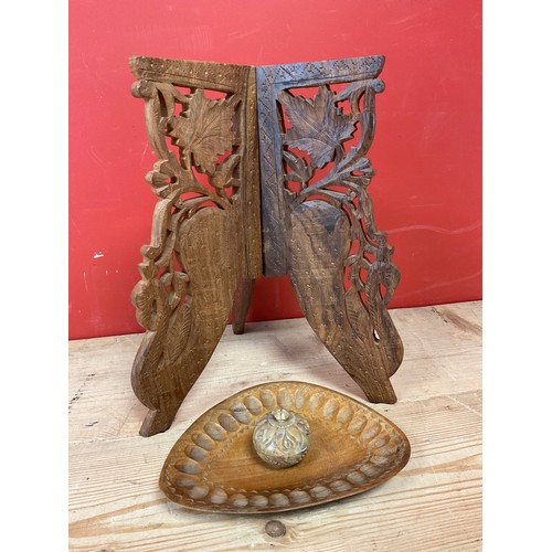 60 - Hand Carved Folding Table Legs with Wooden tray and Marble Floral Trinket dish