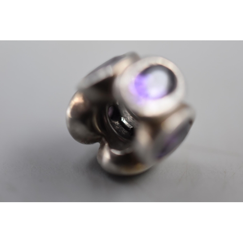 47 - Silver Pandora Amethyst Stoned uncmarked Charm Complete with Presentation Box