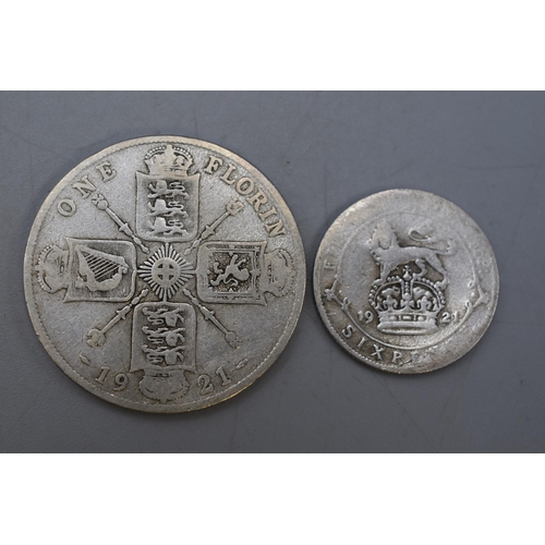 188 - Two British Silver Coins, Includes 1921 Florin and 1921 Sixpence.