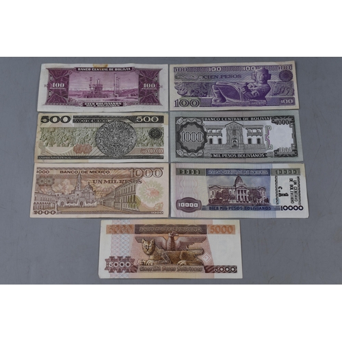 194 - Selection of 7 Bolivia and Mexico Banknotes