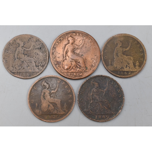 196 - Five Victorian Pennies (1858, 1862, 1875, 1887 and 1889).