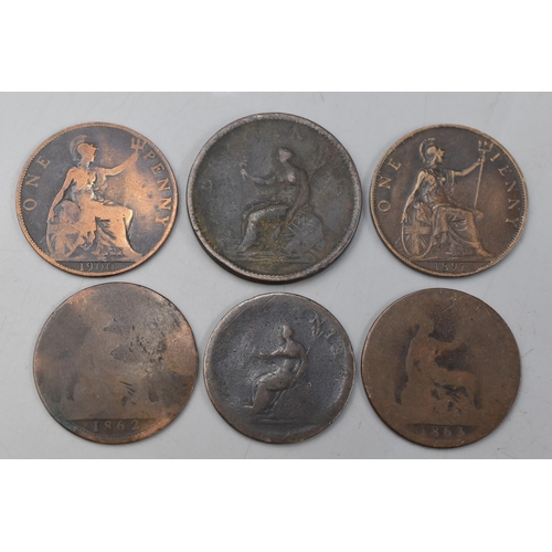 197 - Six Copper Coins, Includes 1806 Penny, 1807 Half Penny, And Four Victorian Pennies (1862, 1863, 1897... 