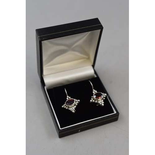 61 - Pair of Suarti Silver 925 Red Stoned Earrings Complete with Presentation Box