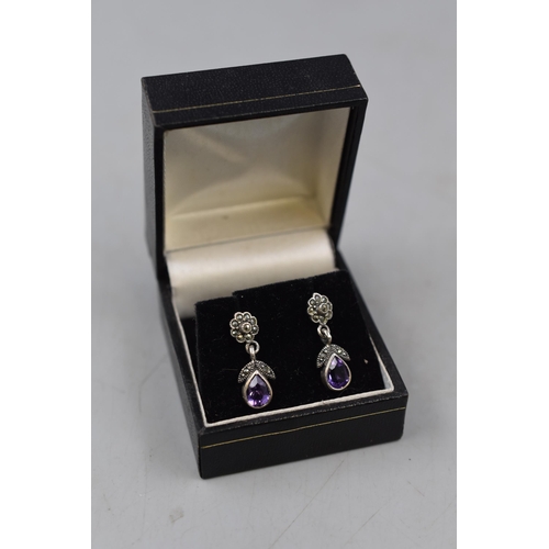 62 - Pair of Vintage Marcasite amethyst Stoned Earrings complete with Presentation Box