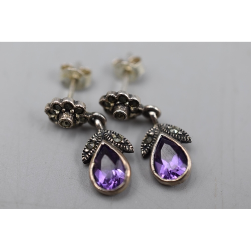 62 - Pair of Vintage Marcasite amethyst Stoned Earrings complete with Presentation Box