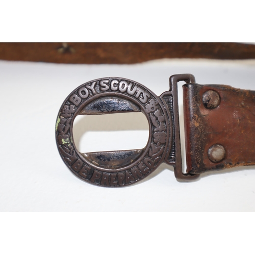 312 - Vintage Leather Boy Scout Belt, and two Leather Pistol Holsters