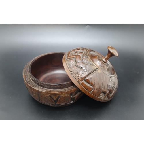 314 - A Wooden Carved Polished Ethnic Lidded Bowl, Approx 7.5