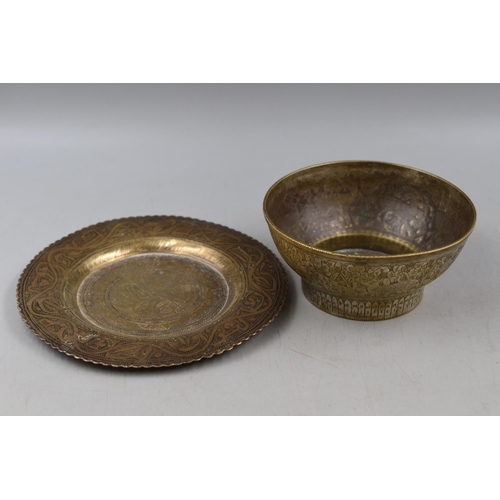 315 - Tibetan/Indian Brass Engraved Singing Bowl and Engraved Brass Plate, Bowl Engraved Depicting Animals... 