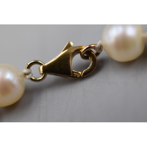 73 - Long Pearl Necklace with Gold 375 Clasp.