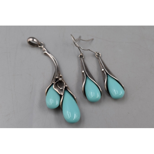 79 - Silver 925 Turquoise Art Noveau style Pendant and Earring Set