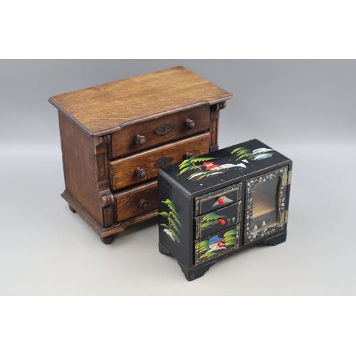 335 - Miniature oak 3 Drawer Cabinet (25cm x 20cm) and a Orinetal Black Laquered Hand painted Jewellery Bo... 