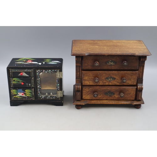 335 - Miniature oak 3 Drawer Cabinet (25cm x 20cm) and a Orinetal Black Laquered Hand painted Jewellery Bo... 