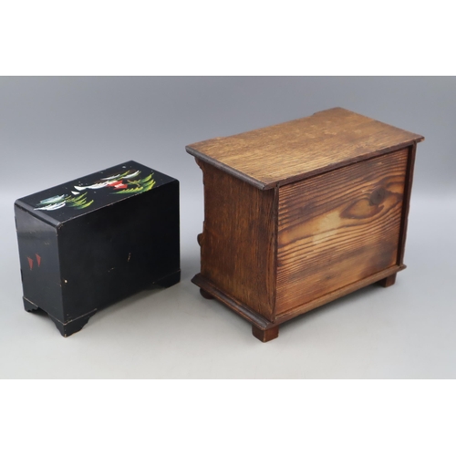 335 - Miniature oak 3 Drawer Cabinet (25cm x 20cm) and a Orinetal Black Laquered Hand painted Jewellery Bo... 