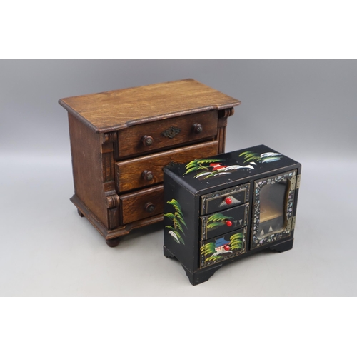 335 - Miniature oak 3 Drawer Cabinet (25cm x 20cm) and a Orinetal Black Laquered Hand painted Jewellery Bo... 