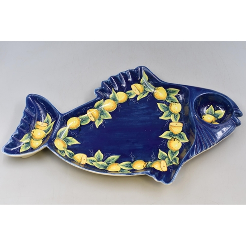 364 - A Large Blue Fish Serving Platter, With Lemon Decoration. Approx 22