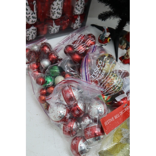 371 - A Large Selection of Christmas Decorations and Accessories. Includes Black 3ft Christmas Tree, Baubl... 