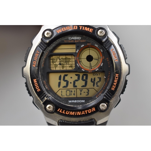 124 - A Casio Illuminator World Time Digital Watch, Working.