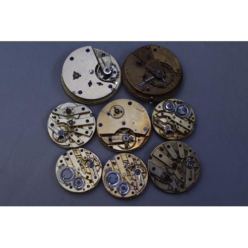 128 - A Selection of Eight Pocket Watch Movements For Spares and Repairs.