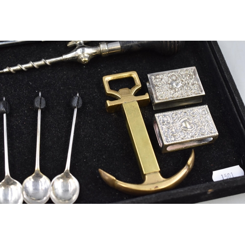 143 - Mixed Selection including Coffee Bean Spoons, Silver Matchbox Holders, King Opera Glasses, Brass Anc... 