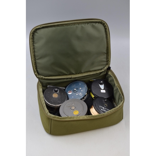 407 - Selection of 5 Fly Fishing reels including Leeda, Roddy, BFR, Intrepid and Viper in a Fox stalker Ba... 