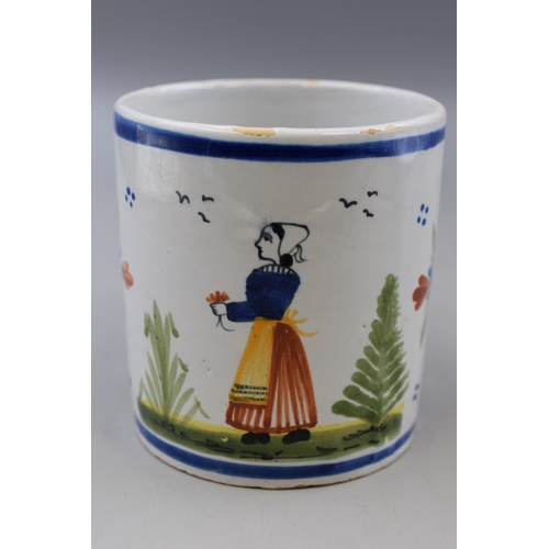 224 - Large Antique HB Quimper Mug Hand painted with a Dutch lady Scene marked HB Quimper on the base