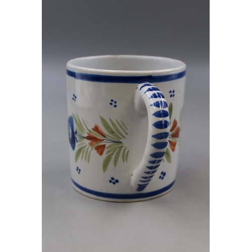 224 - Large Antique HB Quimper Mug Hand painted with a Dutch lady Scene marked HB Quimper on the base