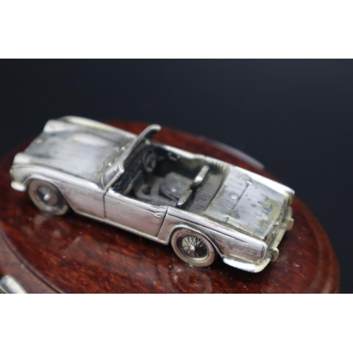 229 - Vintage Miniature Silver Plated Triumph TR4 Car on Wooden Plinth