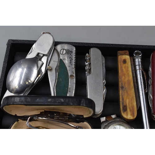 237 - Mixed Selection includes Penknives, Laurel and Hardy Badge, Foldable Glasses and more.