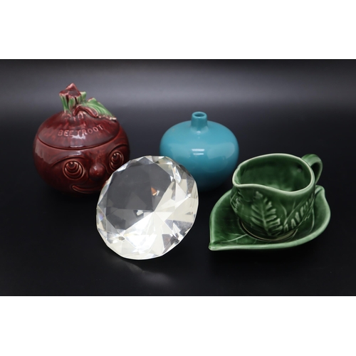 243 - Sylvac Beetroot pot, Diamond Paperweight, Sauce pot with Tray and Vase