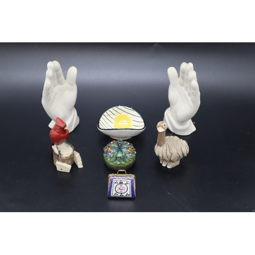 444 - Selection including enemelled peacock Trinket Box, Pair of Hands, Emu and More