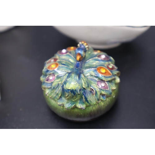 444 - Selection including enemelled peacock Trinket Box, Pair of Hands, Emu and More