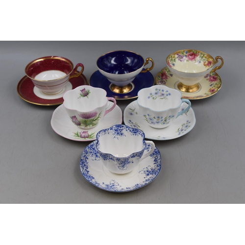 249 - Six Fine Bone China Cup and Saucer sets including Shelley, old Royal, and Wedgwood