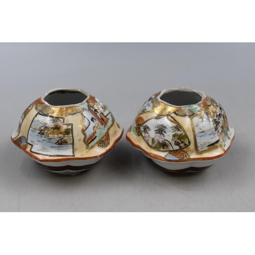 260 - Two Japanese Satsuma Vases (20cm) marked to Base and two Matching Hand Painted pots (Marked to Base)