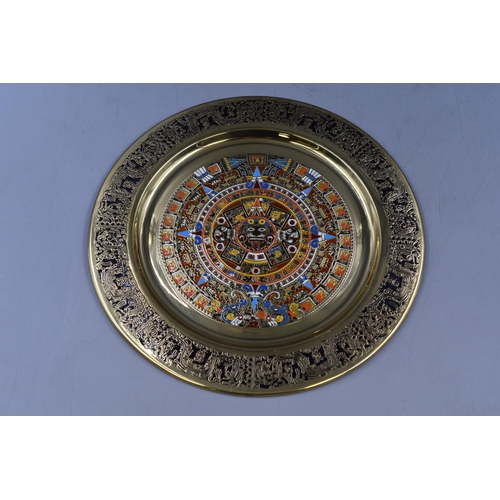 267 - Aztec Calendar Brass Disc with Vivid Enameled Detail, 11