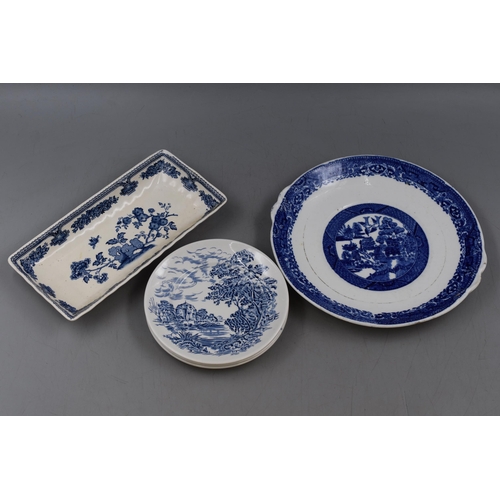 275 - Three Pieces including masons manchu and a Antique Blue and White Cabinet plate