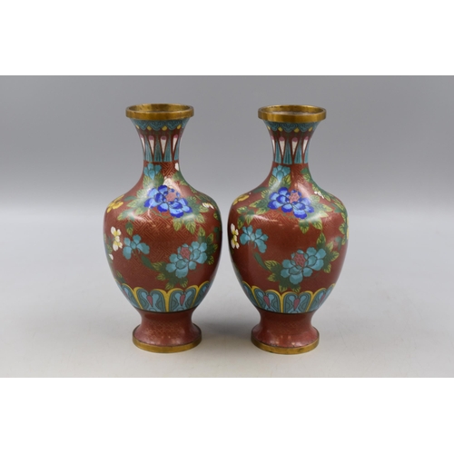 281 - Pair of Vintage Oriental Cloisonné Enamel on Brass Vase's, Floral Pattern, approx 9