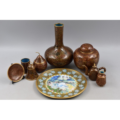 282 - Eight Matching Pieces of Cloisonne and a Decorative Metal Ware Plate (21cm)