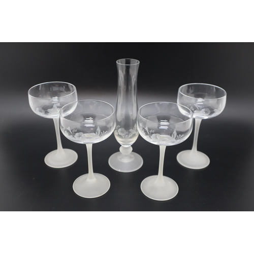 286 - Set of 4 Etched Champagne Glasses with Frosted Stems and a Matching Vase