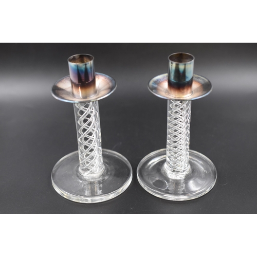 287 - Set Of 6 Of Metallic Candlestick Holders With Spiral Twist Glass Stands Approx 5