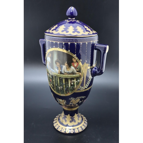 303 - A Large Blue Lidded Satsuma Vase, Depicting Classical Scene. Approx 14.5