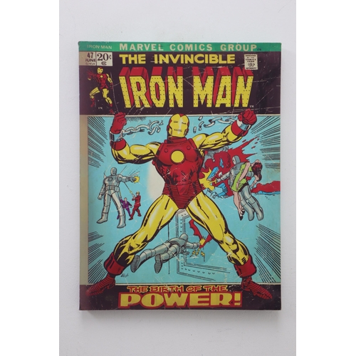 590 - Three Marvel 'The Invincible Iron Man' Wall Hanging Canvas Comic Book Covers, All Approx 16