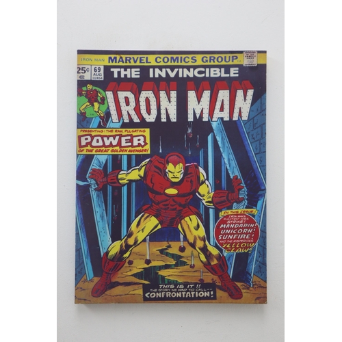 590 - Three Marvel 'The Invincible Iron Man' Wall Hanging Canvas Comic Book Covers, All Approx 16