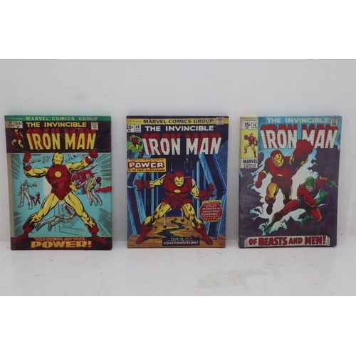 590 - Three Marvel 'The Invincible Iron Man' Wall Hanging Canvas Comic Book Covers, All Approx 16