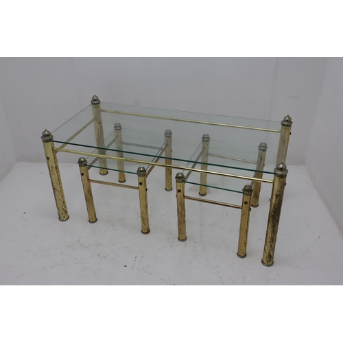 628 - Three Piece Glass and Chrome Table Set (Largest 114cm x 54cm)