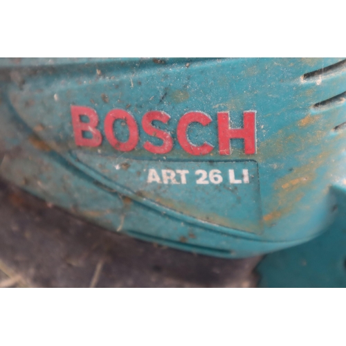 597 - A Flymo Visimo Lawn Mower, Powers on When Tested. And A Bosch ART 26 Li Strimmer (Powers on, But No ... 