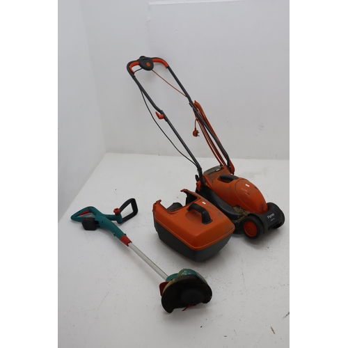 597 - A Flymo Visimo Lawn Mower, Powers on When Tested. And A Bosch ART 26 Li Strimmer (Powers on, But No ... 