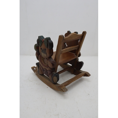 598 - Heavy Wooden Childs Teddy Bear Themed Rocking Chair (50cm x 67cm)